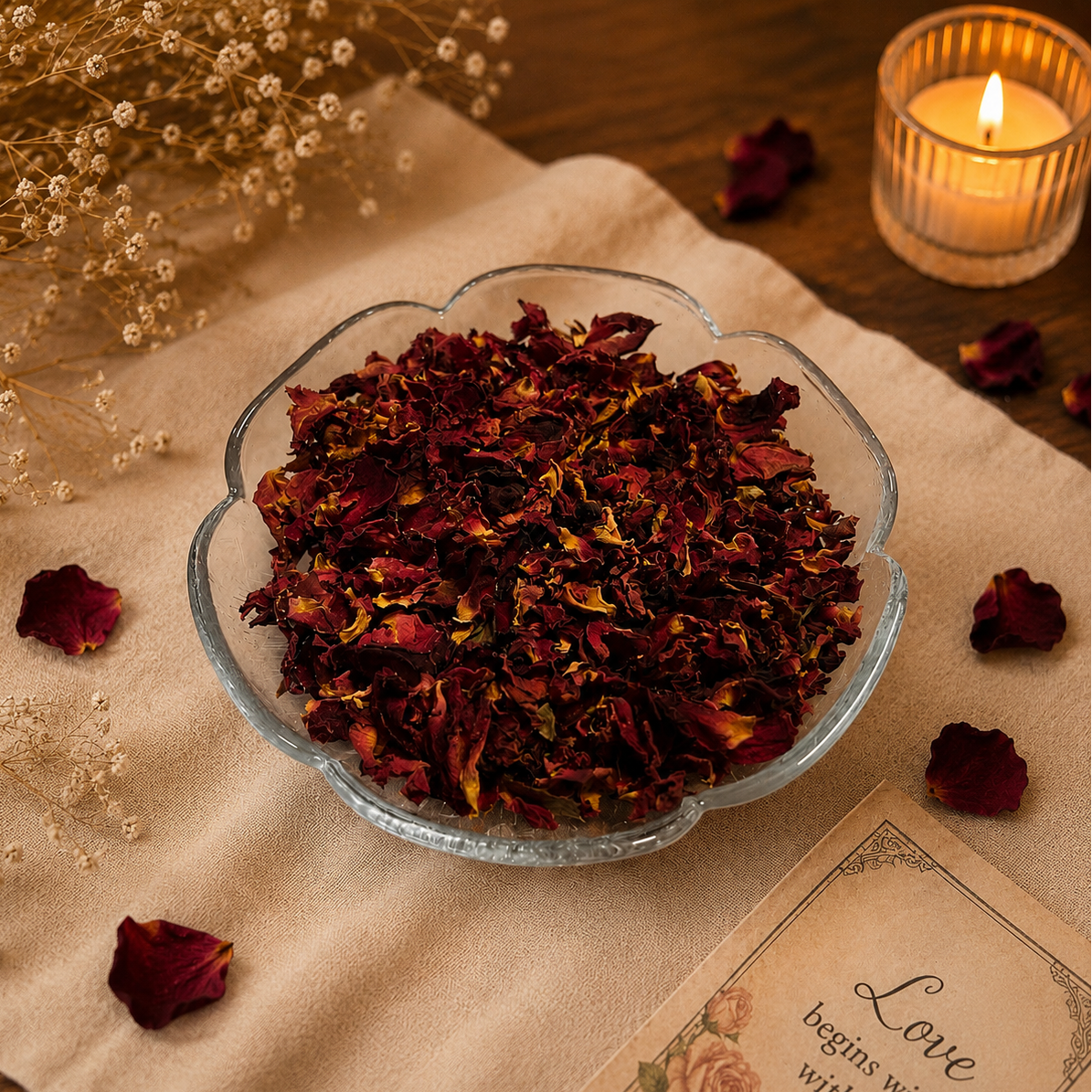 A clear scalloped glass bowl filled with dried dark red rose petals, styled on a beige fabric surface with scattered rose petals, dried flowers, and a lit candle in a glass holder.