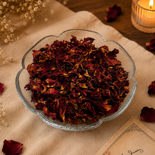 A clear scalloped glass bowl filled with dried dark red rose petals, styled on a beige fabric surface with scattered rose petals, dried flowers, and a lit candle in a glass holder.