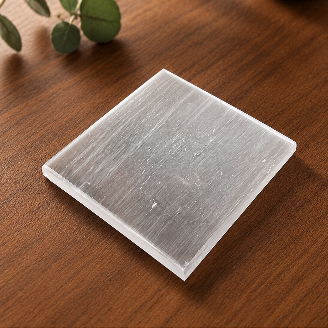 Square stone coaster on a wooden surface with a plant in the background